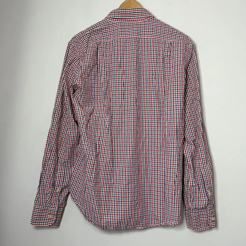 J. Crew Red, White, & Blue Gingham Cotton Slim Button Up Dress Shirt Medium